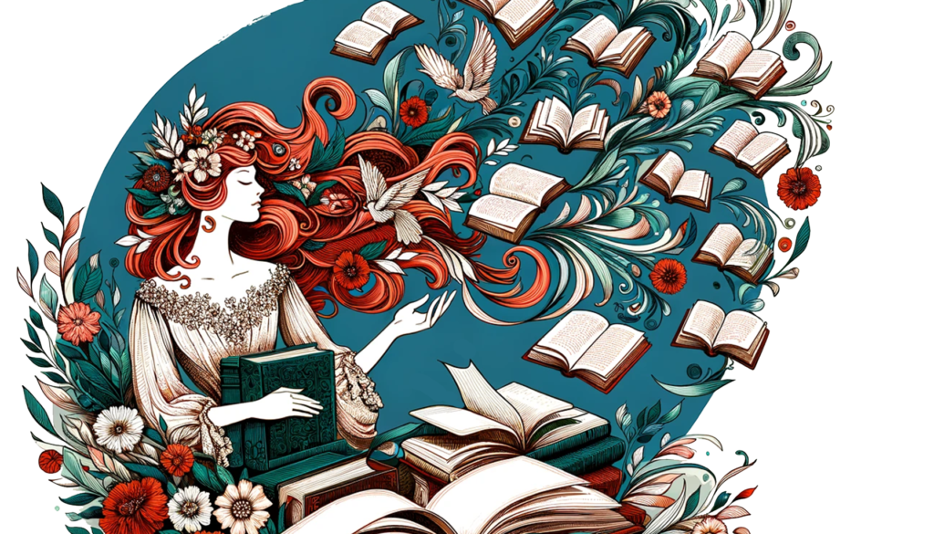 Rosmerta sitting in her abundance of literature.