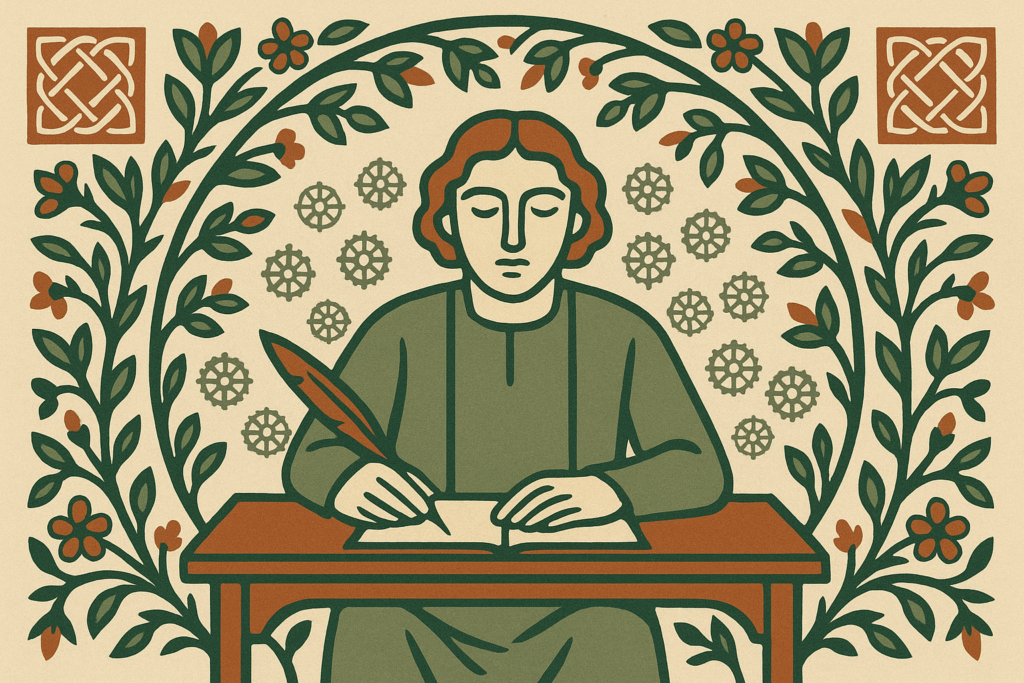 A writer at a desk with a quill, framed by Celtic knotwork and botanical vines, small gear rosettes turning quietly behind them.