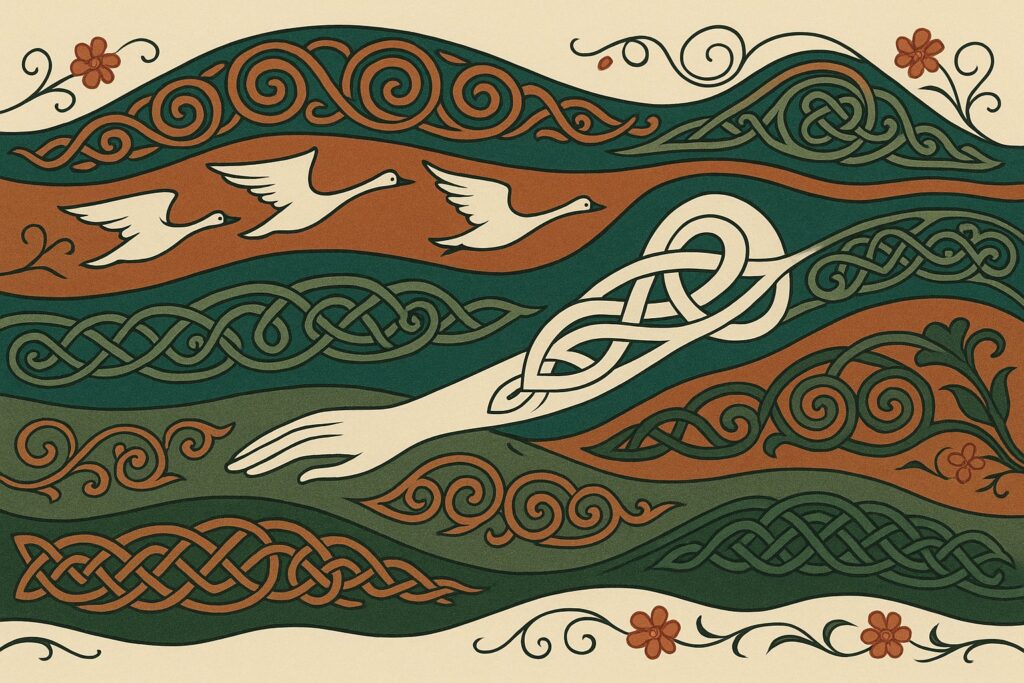 Art Nouveau Celtic illustration of layered decorative bands, three swans in flight and a silver arm rendered as knotwork