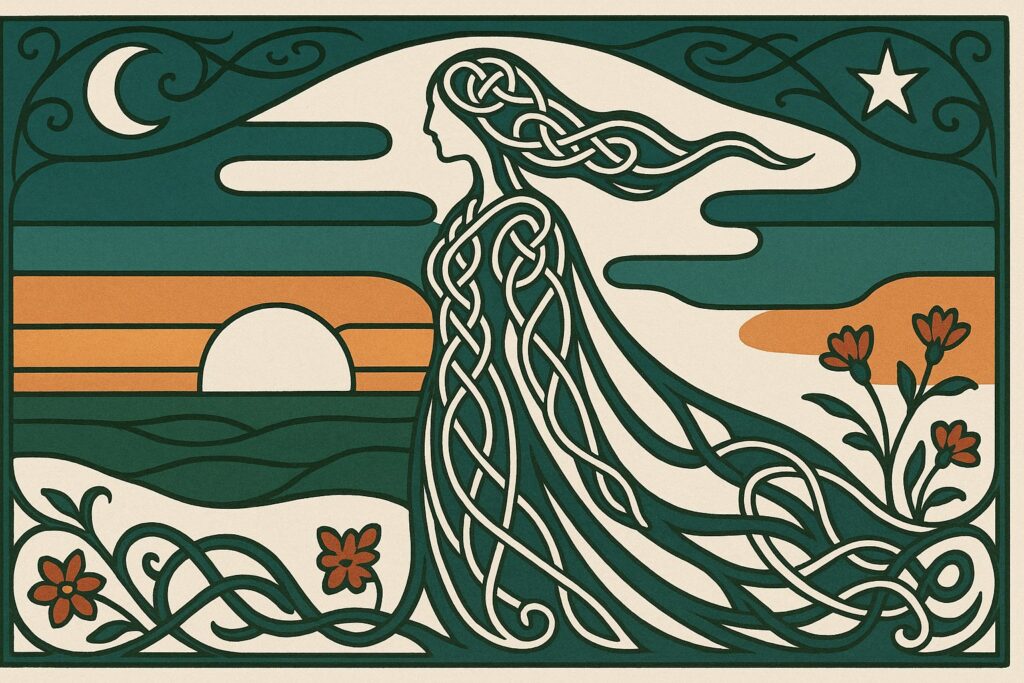 Art Nouveau Celtic illustration of a woman formed from flowing knotwork against a dawn horizon, with moon and star